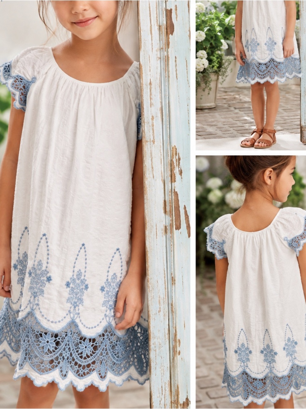 GapKids Girls White Blue Embroidered Lace Cotton Dress Size 8 M